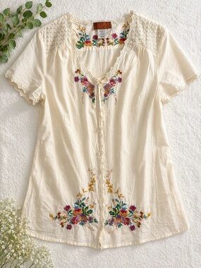 Scully Embroidered Boho Peasant Top XL Cream Floral Cotton Western